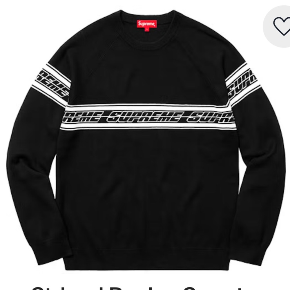 Supreme Black Crewneck Raglan Sweater with White Stripes